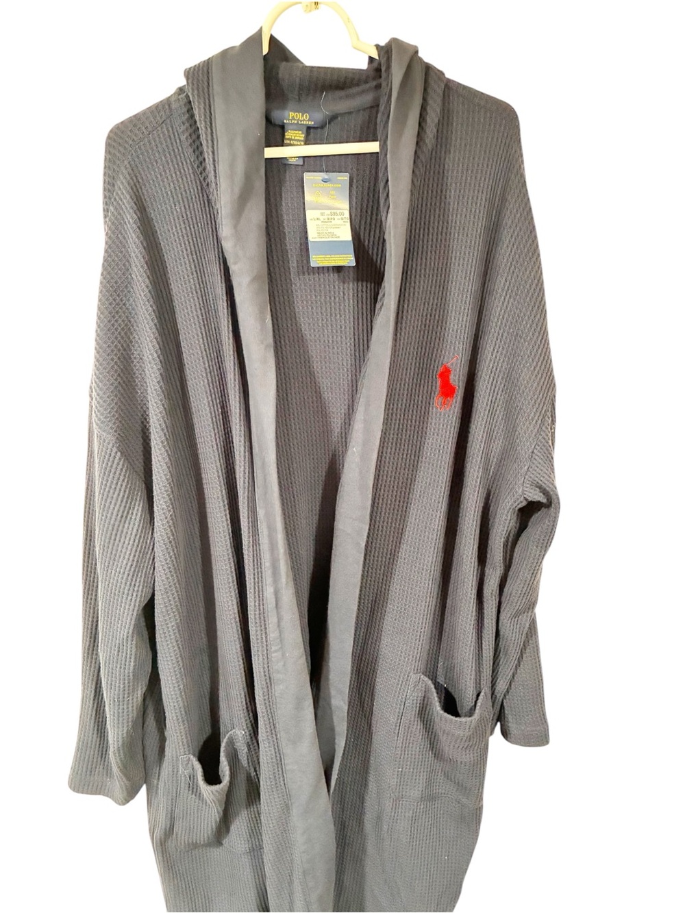 Polo by Ralph Lauren Men's Blue Hooded Waffle Knit Robe Red Logo L/XL NEW